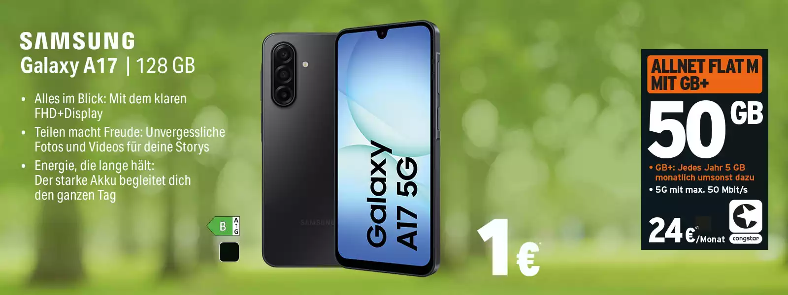 Samsung Galaxy A17 128 GB mit 5G, 50 GB Allnet-Flat M Tarif Anzeige