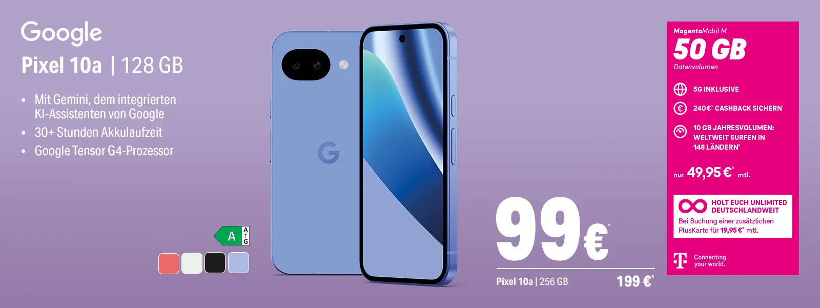Werbebanner: Google Pixel 10a Smartphone mit 128 GB, Gemini KI und 5G Tarif.