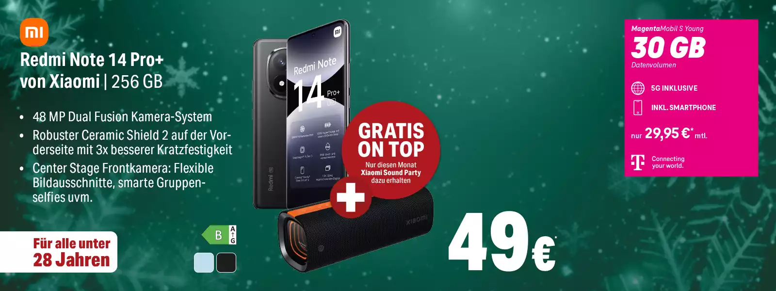 Werbung für das Xiaomi Redmi Note 14 Pro+ mit 256 GB und gratis Xiaomi Sound Party Lautsprecher.