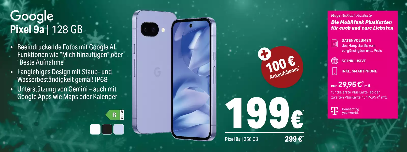 Google Pixel 9a Smartphone mit 128 GB, AI-Funktionen, IP68-Schutz, Gemini-Unterstützung.