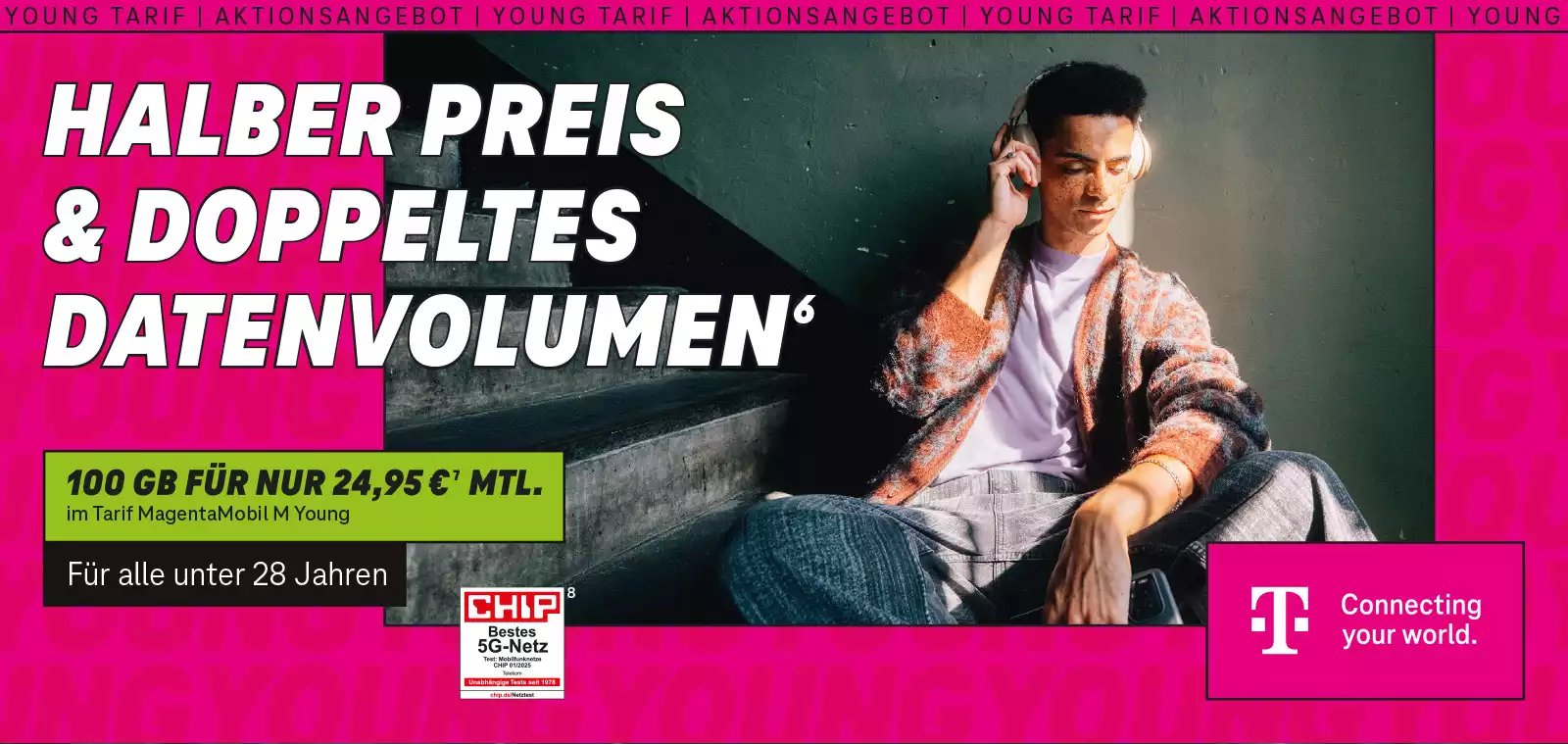 Werbung für Telekom Young Tarif mit halbem Preis und doppeltem Datenvolumen für junge Leute.