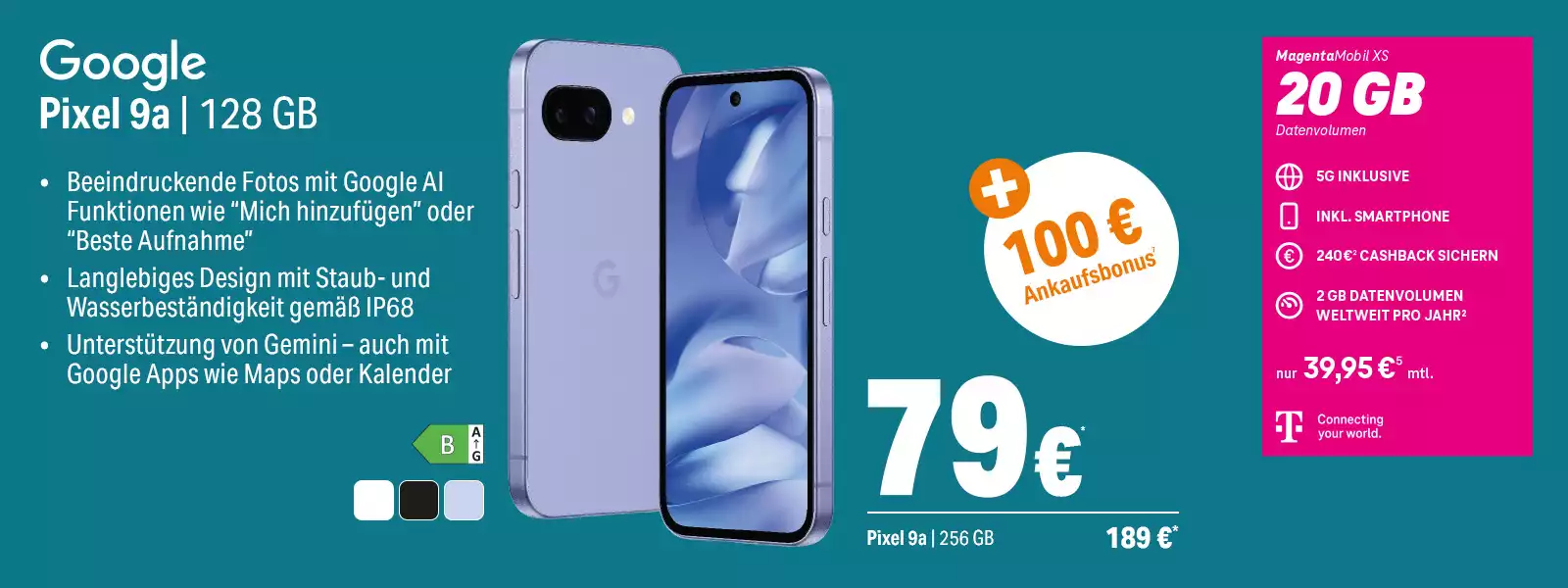 Google Pixel 9a mit 128 GB, 5G Tarif, 20 GB Datenvolumen und Ankaufsbonus im Angebot.