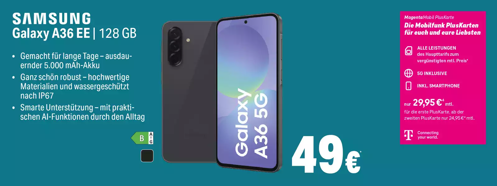 Das Bild zeigt ein Samsung Galaxy A36 EE Smartphone mit 128 GB, 5G und IP67 Wasserschutz.