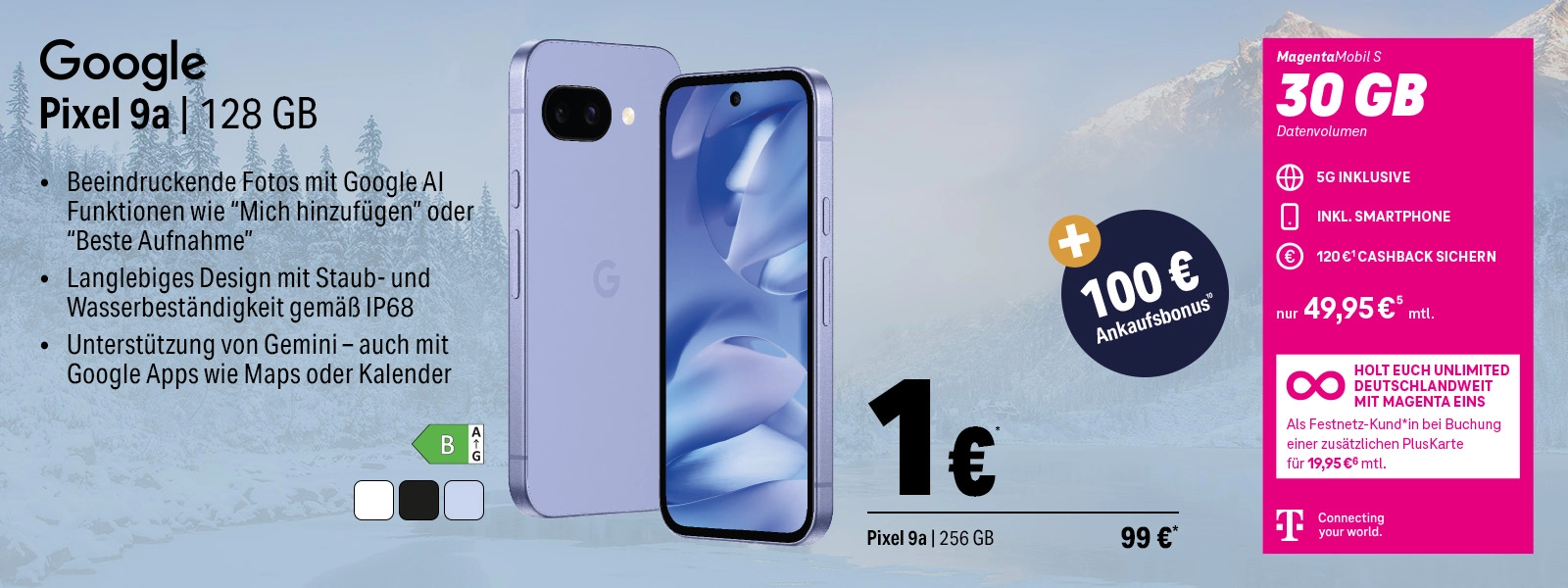 Das Bild zeigt ein Google Pixel 9a Smartphone mit 128 GB im MagentaMobil S Tarif mit 30 GB Datenvolumen.