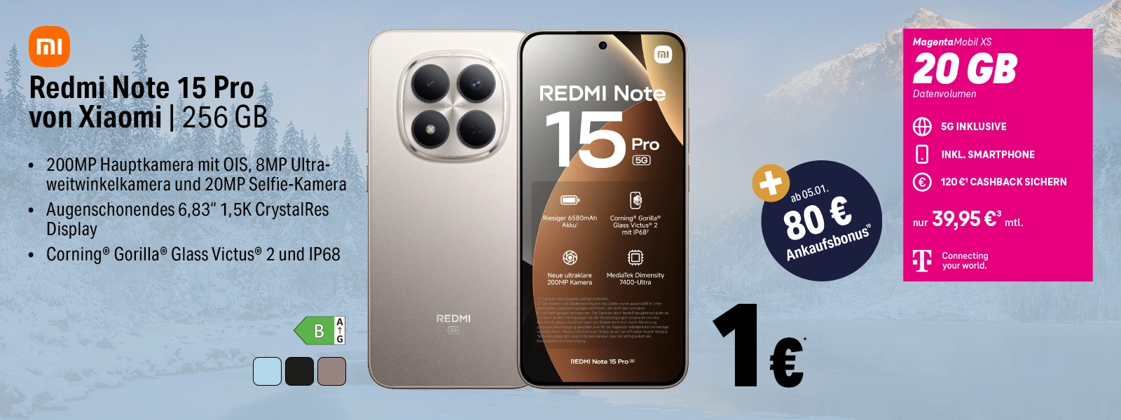 Xiaomi Redmi Note 15 Pro mit 256GB, 200MP Kamera, 5G Vertrag und 20GB Datenvolumen Angebot.