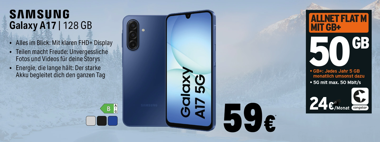 Samsung Galaxy A17 5G mit 128 GB und Allnet Flat M Vertrag, 50 GB, im Winterdesign beworben.