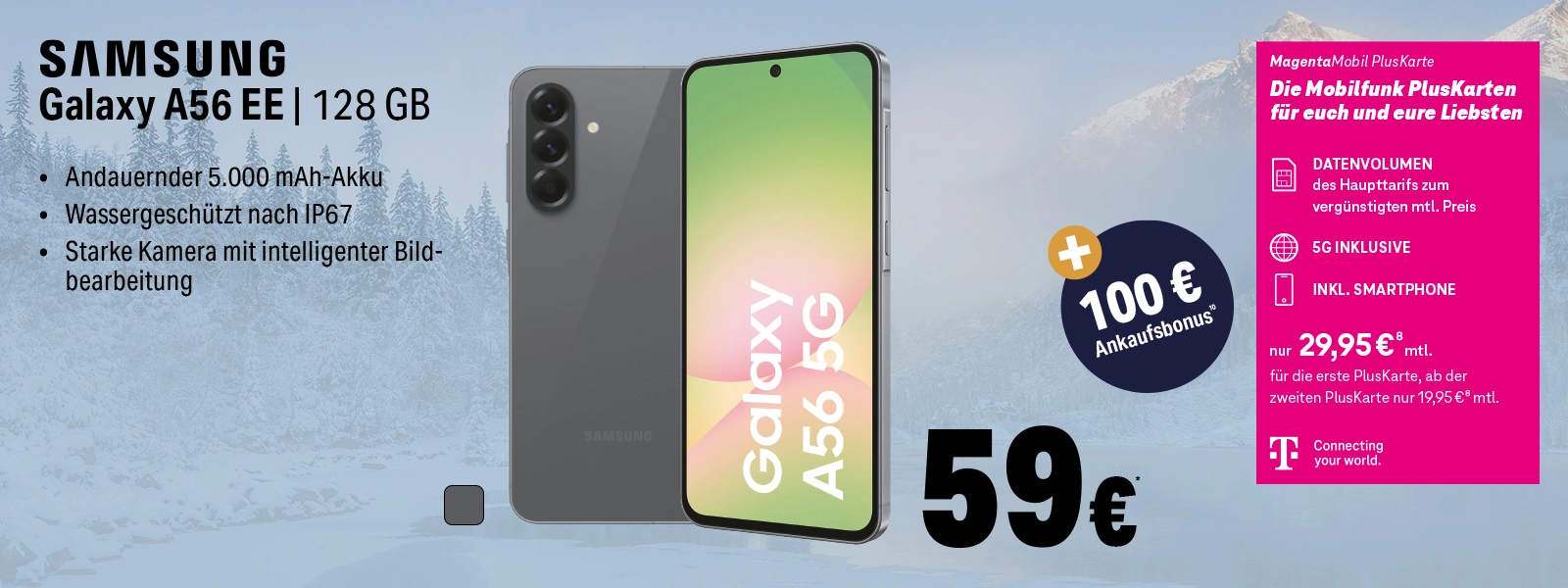 Samsung Galaxy A56 EE 128 GB Smartphone mit 5G, wassergeschützt und starker Kamera.