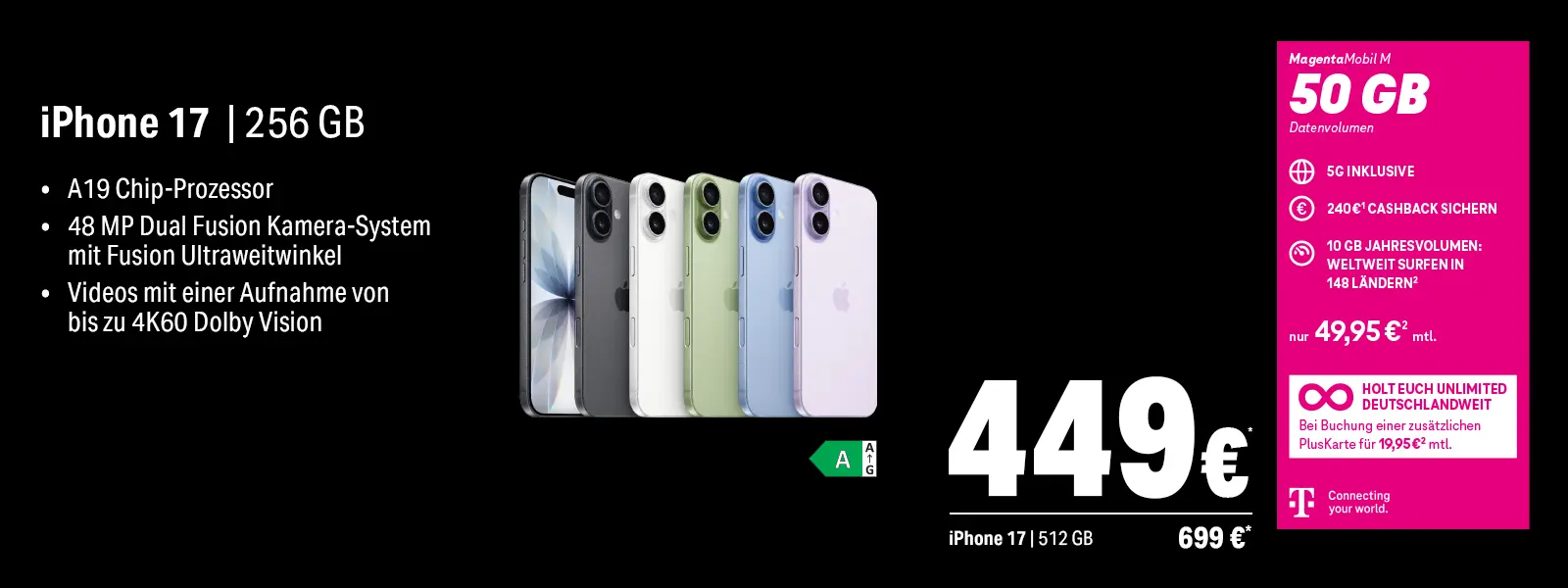 Werbegrafik iPhone 17 mit 256 GB, A19 Chip, 48 MP Kamera, 5G-Tarif
