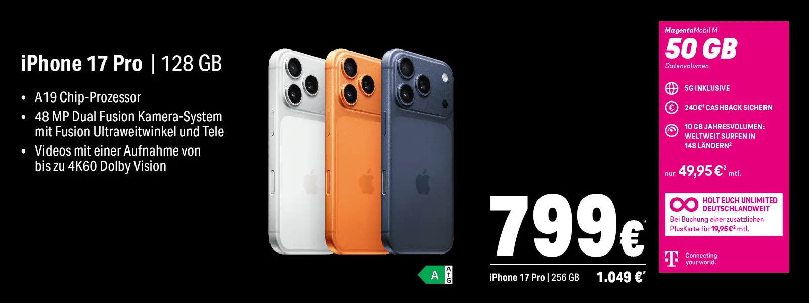 iPhone 17 Pro Angebot mit 128 GB und 50 GB 5G Tarif, drei Farben