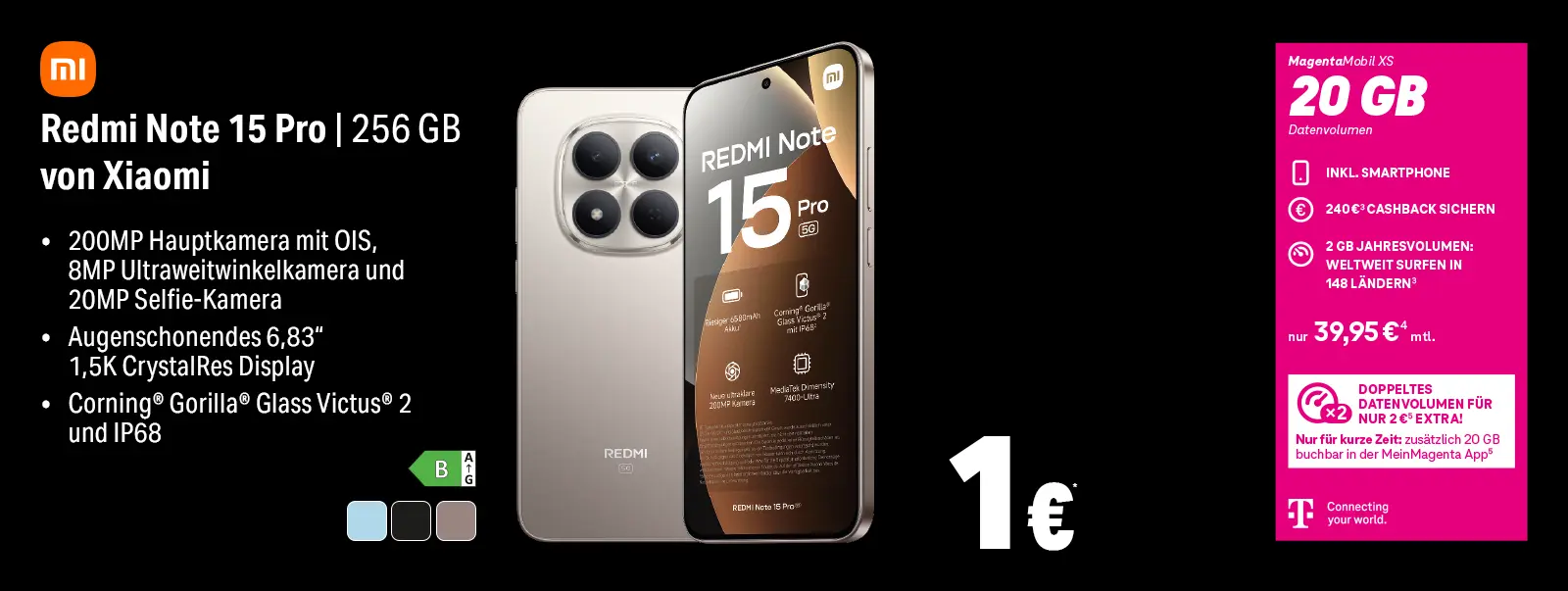 Xiaomi Redmi Note 15 Pro 256 GB Smartphone-Angebot mit MagentaMobil XS 20 GB