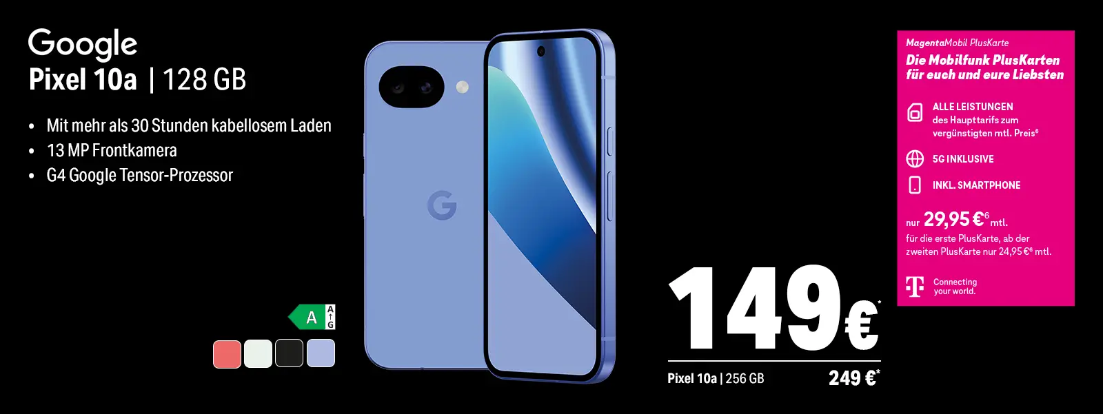 Werbebanner: Google Pixel 10a 128 GB Smartphone, blau, mit Tarifoptionen