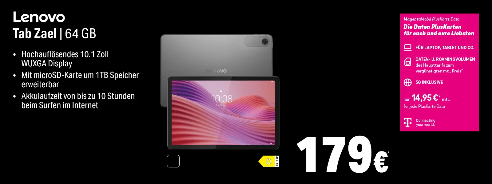 Werbebild Lenovo Tab Zael 64 GB Tablet mit 10,1 Zoll Display und 10h Akku
