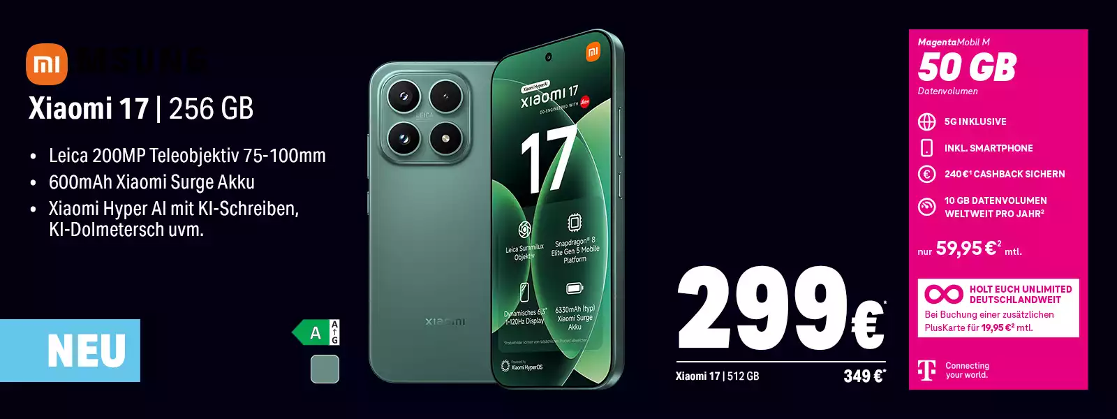 Xiaomi 17 Smartphone 256 GB mit Leica Kamera, MagentaMobil M 50 GB Angebot