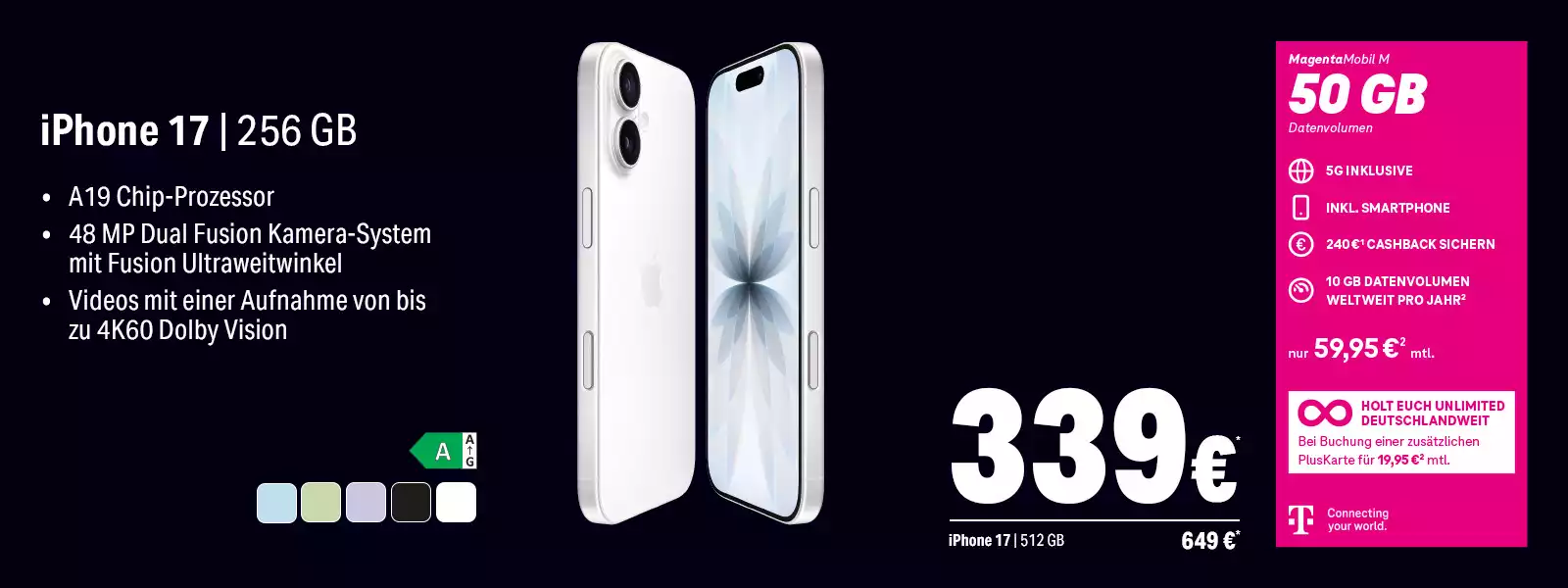 iPhone 17 256 GB Angebot mit A19 Chip und 48 MP Dual-Kamera, Telekom Tarifflyer