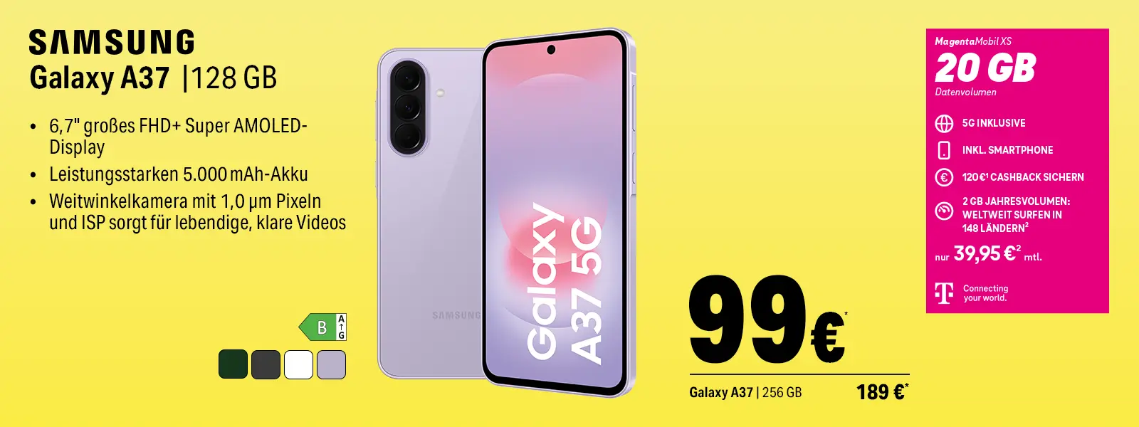 Samsung Galaxy A37 128 GB Angebot mit 6,7 Zoll AMOLED Display und 5G Tarif