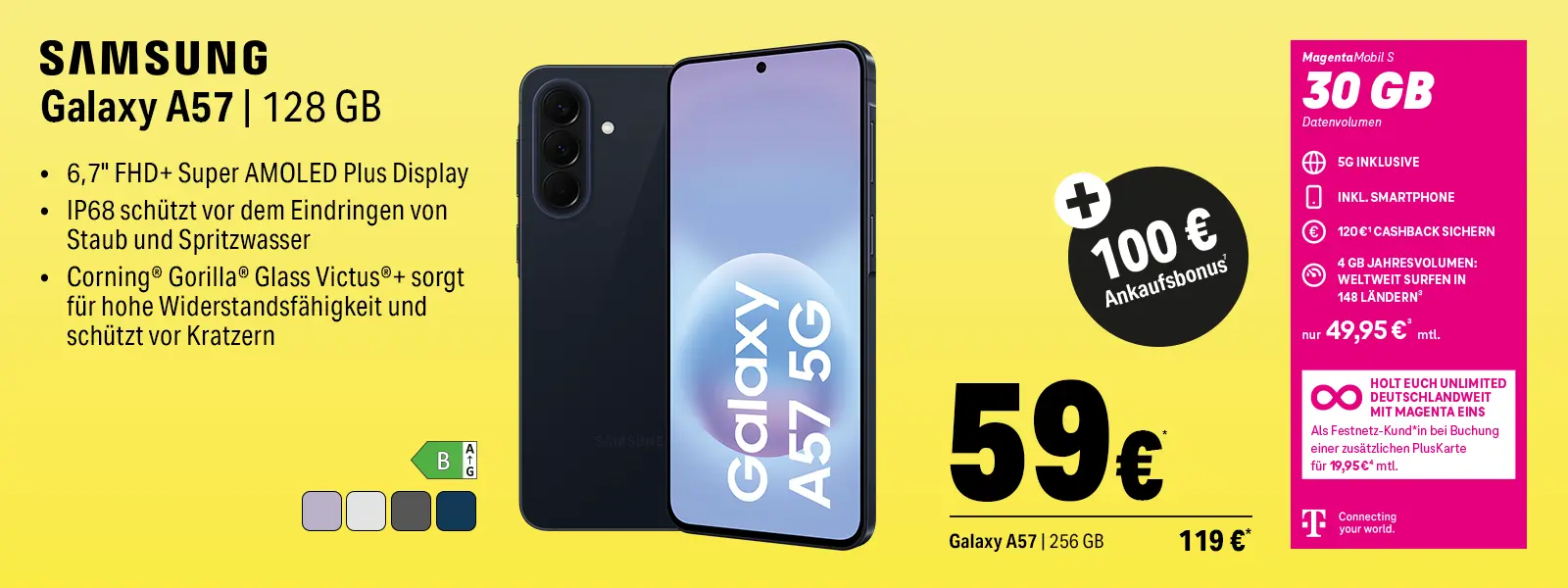 Samsung Galaxy A57 5G Smartphone 128 GB mit MagentaMobil S 30 GB Tarif