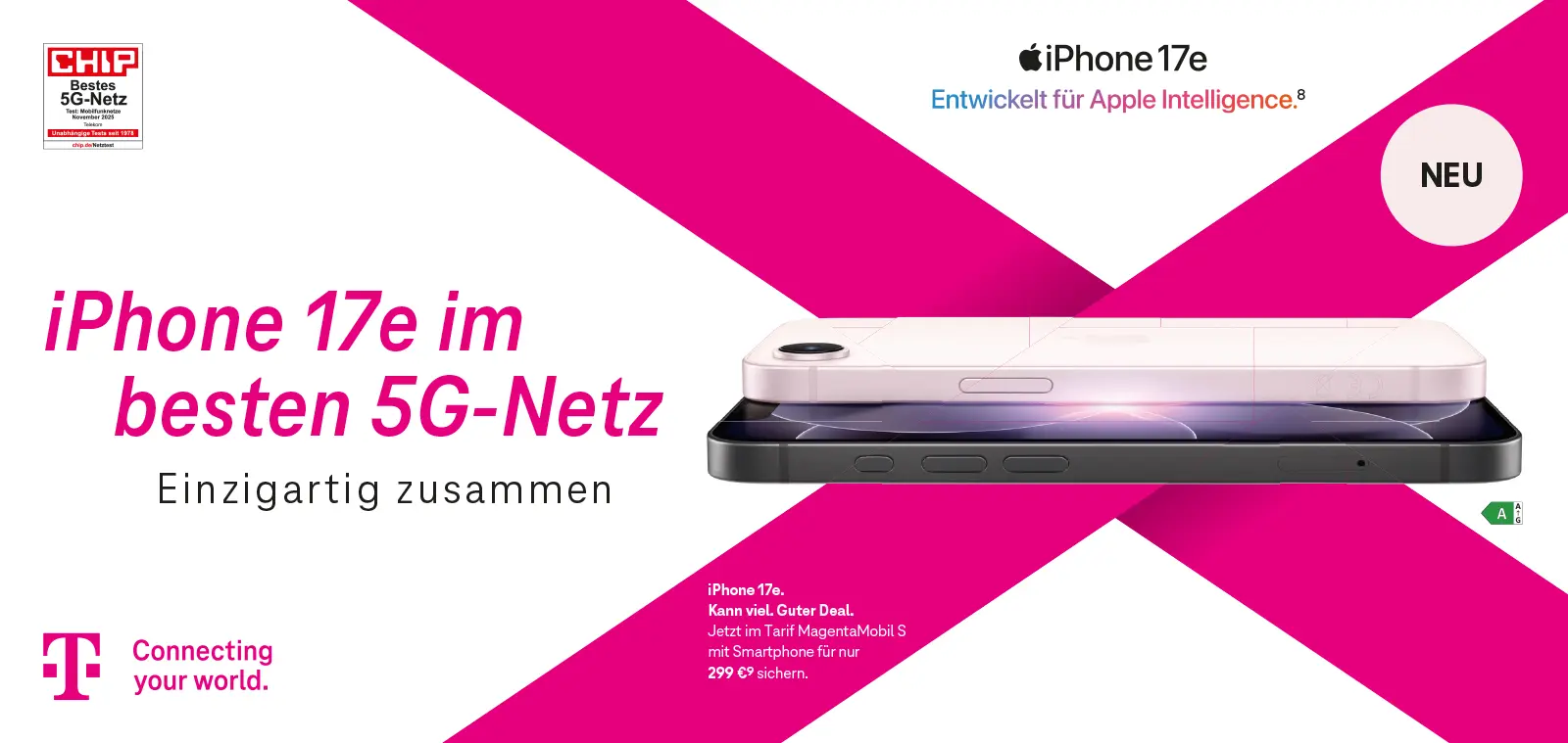 Telekom Werbung: iPhone 17e im besten 5G-Netz, zwei iPhones im Bild