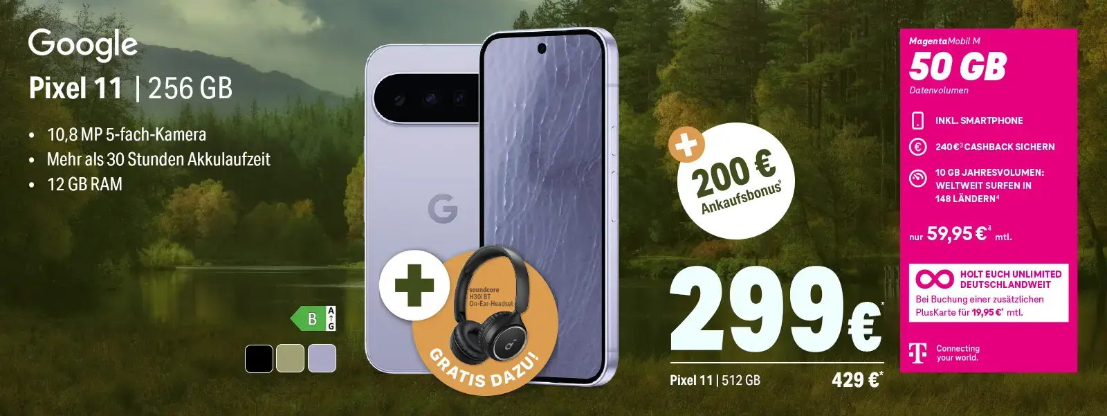 Werbebanner: Google Pixel 11 mit 256 GB, MagentaMobil M 50 GB Tarif, Bonus.