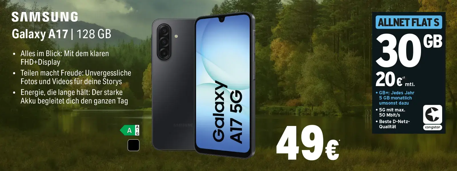Werbebanner: Samsung Galaxy A17 5G 128 GB Smartphone mit 30 GB Allnet-Flat