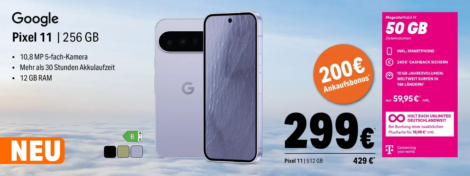 Werbeanzeige Google Pixel 11 Smartphone mit 256 GB, Kamera und Akkuinfos