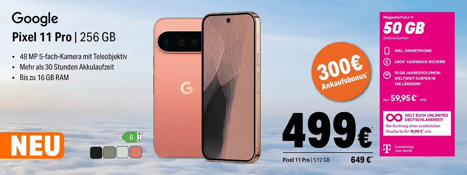 Werbeanzeige Google Pixel 11 Pro Smartphone mit Tarif und Datenvolumen Angebot