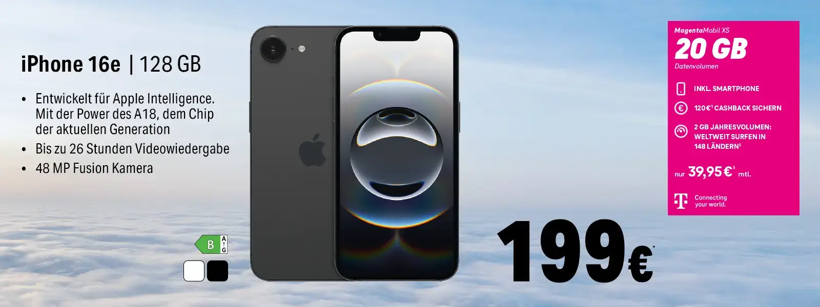 Werbebanner: iPhone 16e 128 GB mit Tarif, 20 GB Datenvolumen, Preisinfo