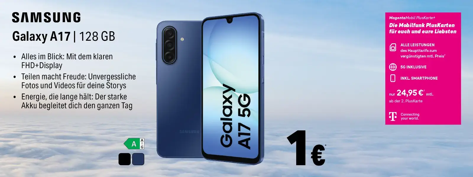 Werbebanner Samsung Galaxy A17 5G 128 GB mit Smartphone und Tarif-Angebot