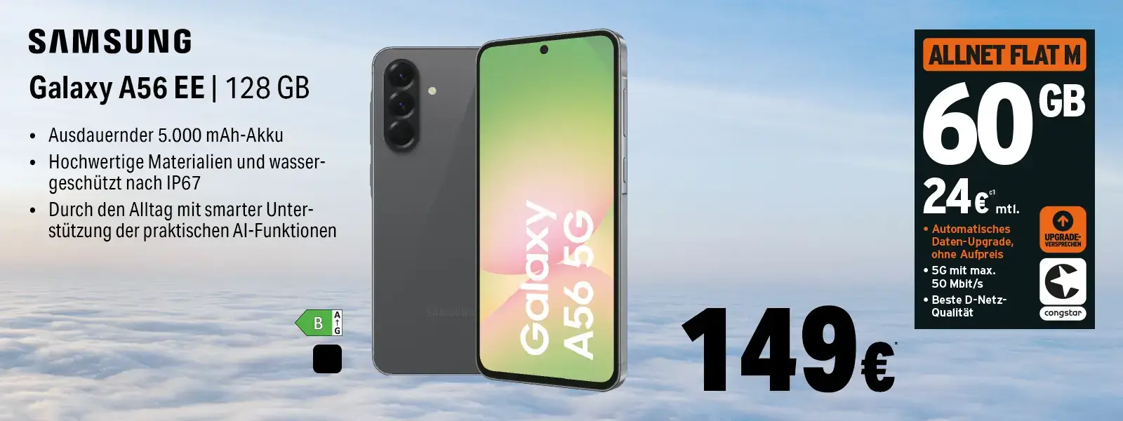 Werbebanner: Samsung Galaxy A56 EE 128 GB und Allnet-Flat M 60 GB 5G